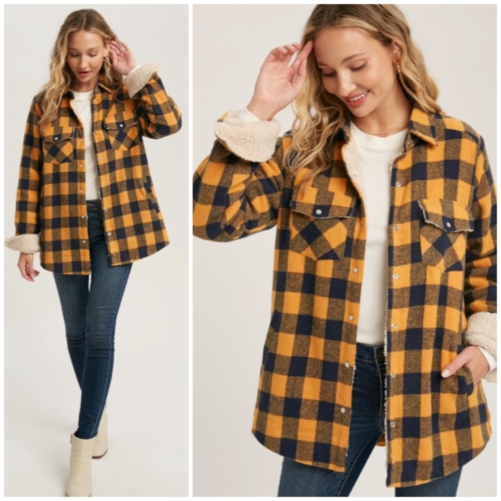 SOLD OUT Mustard Buffalo Plaid Sherpa Lined Shacket Shirt Jacket - Picture 1 of 6